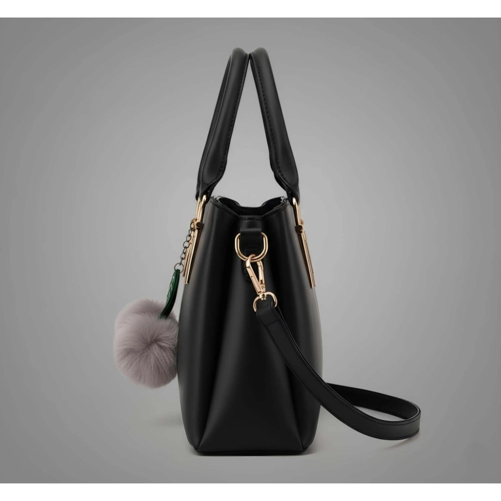 Women's PU Leather Solid Shoulder Zipper Handbag (Black)