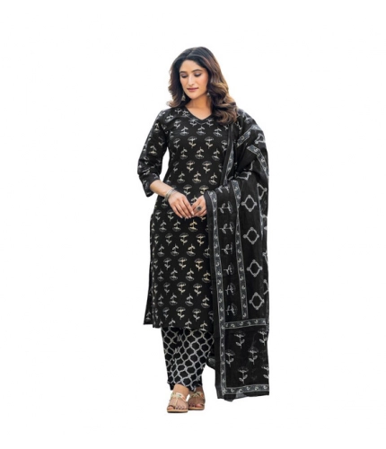 Women's Cotton Blend Printed Kurti With Pant Dupatta Set (Black)