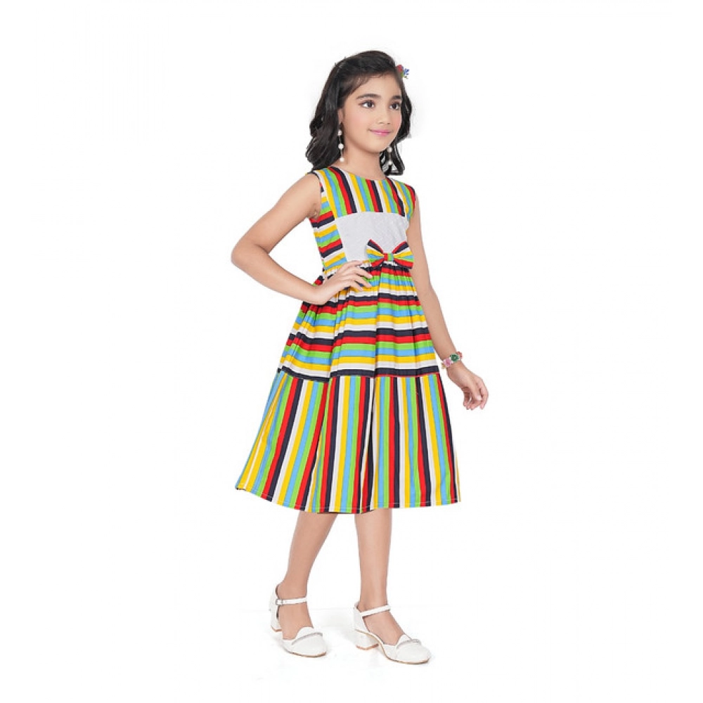Girl's Pure Cotton Striped Sleeve Less Round Neck Dress (Multicolor)