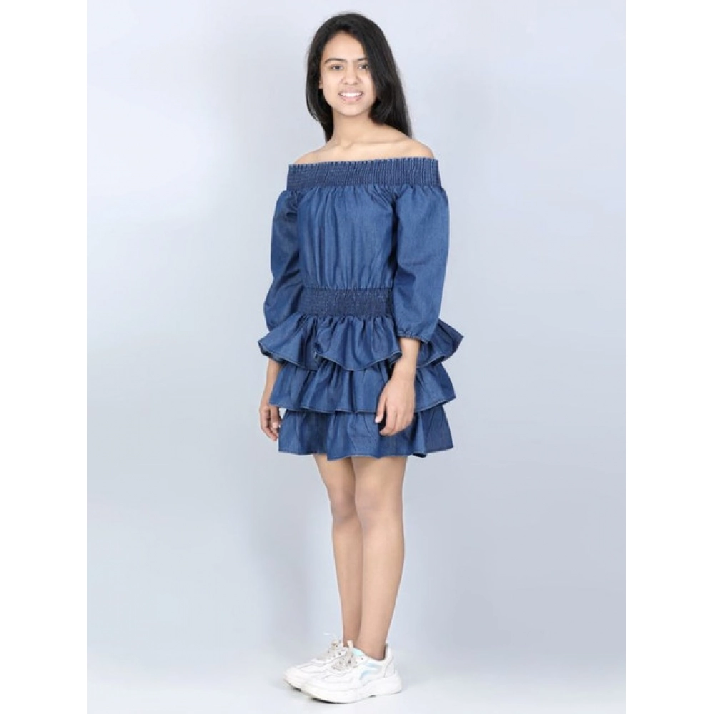 Girl's Denim Solid Off Shoulder Dress (Blue)