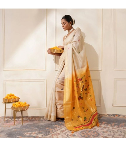 Women's Blended_Cotton Woven_Motifs Saree With Unstitched Blouse 5.5Mtr (Mustard)