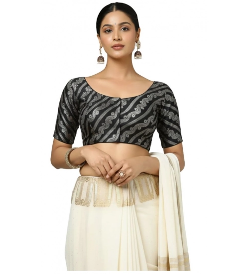 Women's Jacquard Zari Round Neck Padded Blouse (Black 38 Ready (Self Alterable 36–40)