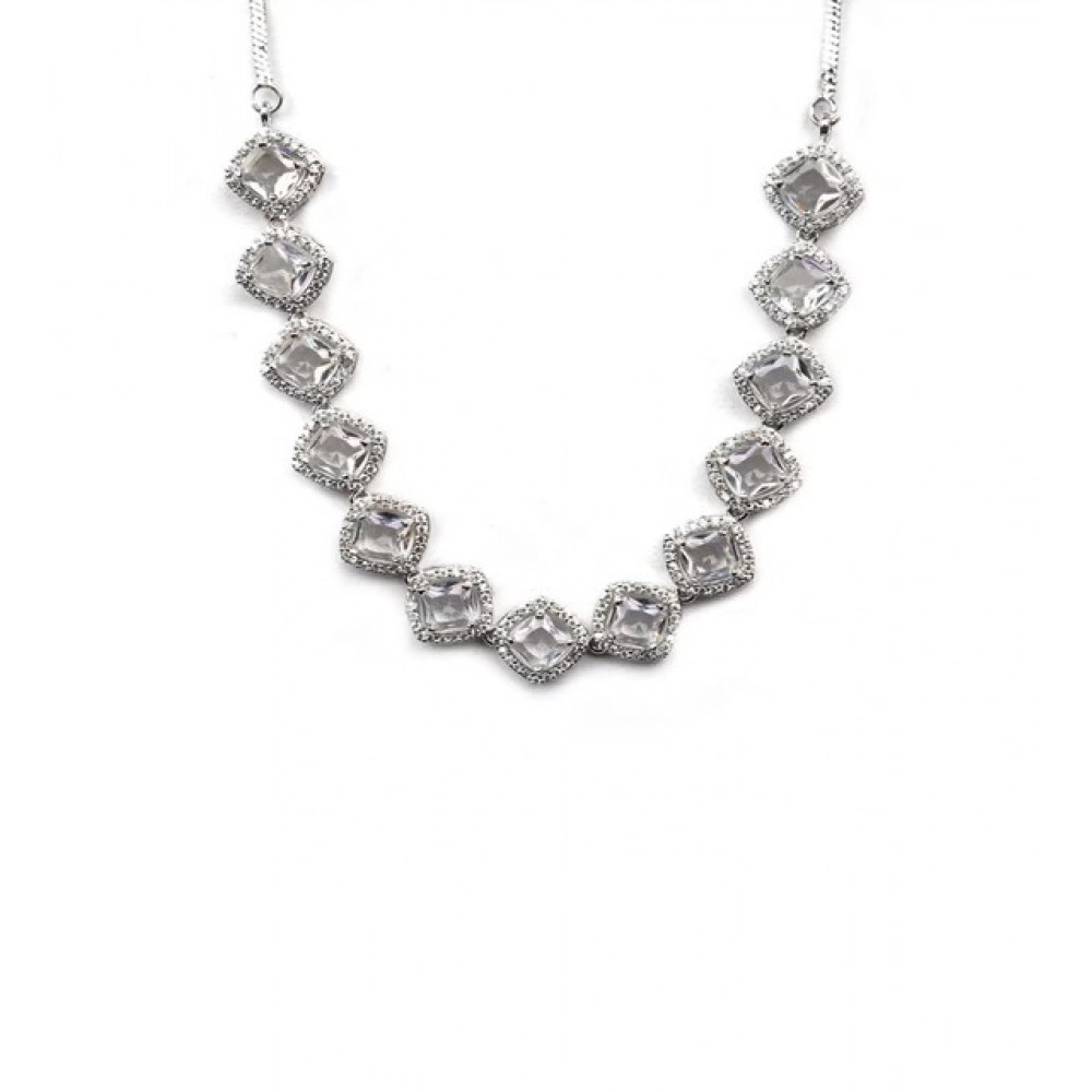 Women's Brass Silver Plated Necklace set (White)