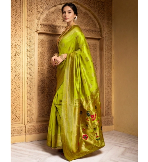 Women's Silk Blend Paithani Saree With Unstitched Blouse 5.5Mtr (Lime Green)