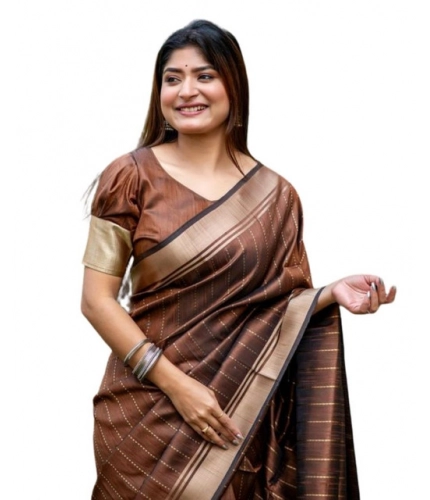Women's Faux_Banarasi Lining Pattern Saree With Unstitched Blouse 5.5Mtr (Light_Brown)