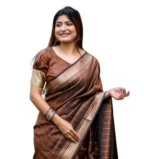 Women's Faux_Banarasi Lining Pattern Saree With Unstitched Blouse 5.5Mtr (Light_Brown)