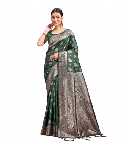 Women's Banarasi Silk Printed Saree With Unstitched Blouse 5.5Mtr (Dark Green)