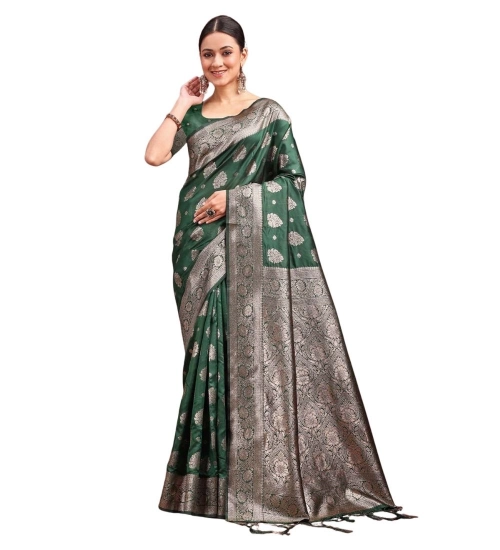 Women's Banarasi Silk Printed Saree With Unstitched Blouse 5.5Mtr (Dark Green)