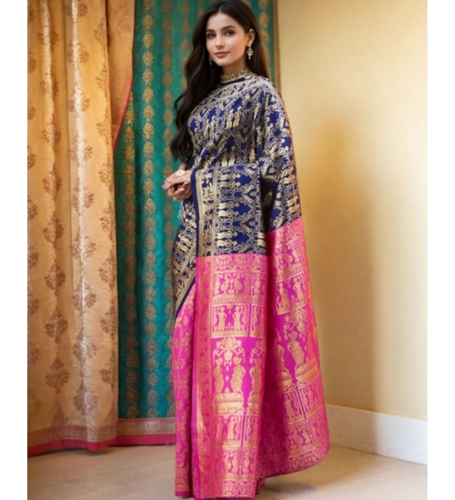 Women's Silk Blend Zari Weaving Saree With Unstitched Blouse 5.5Mtr (Navy)