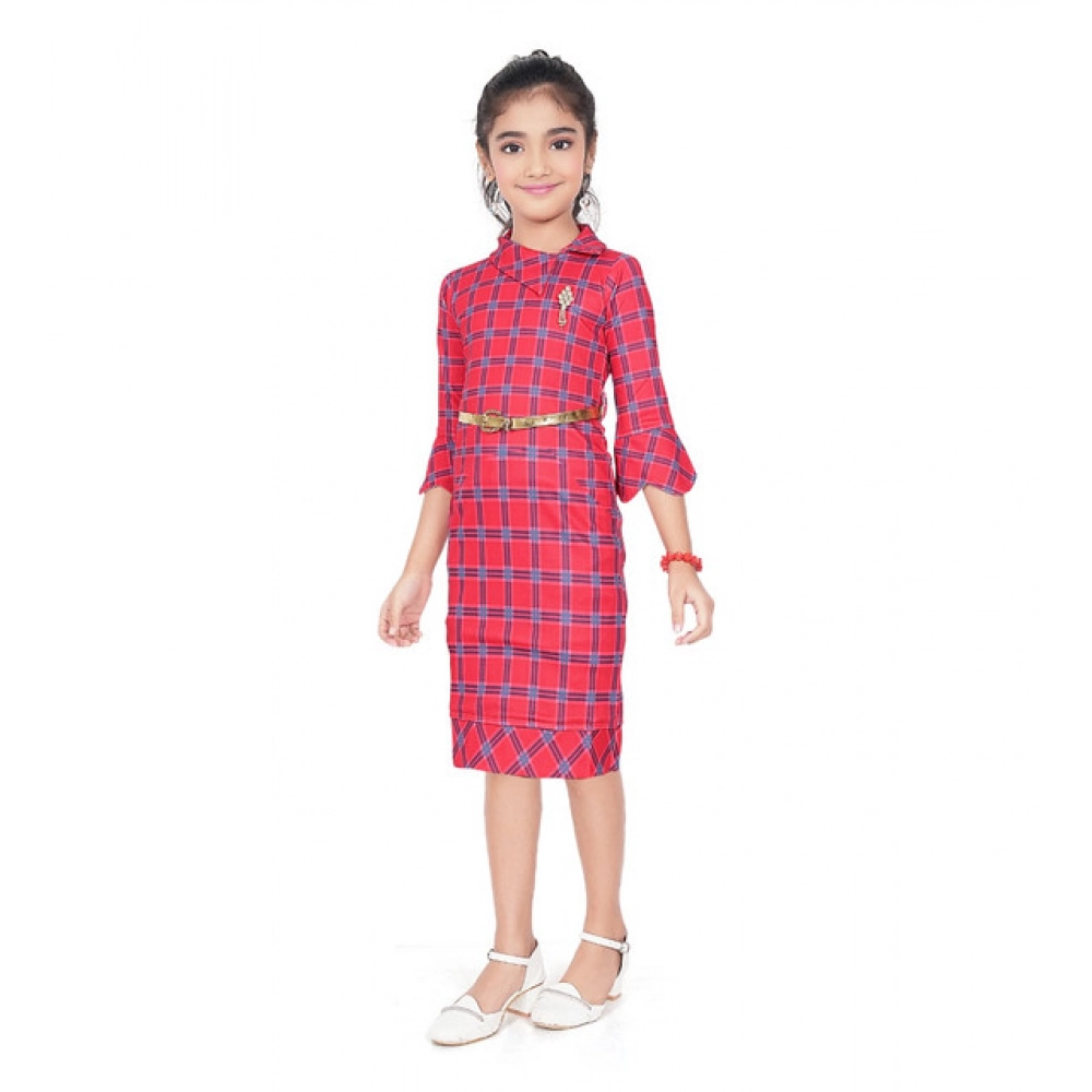 Girl's Knitted Printed 3/4 th Sleeve Close Neck Dress (Pink)