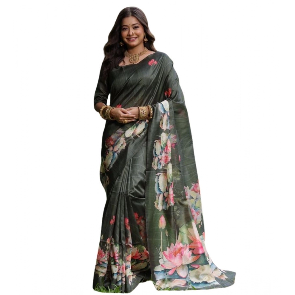 Women's Faux_Tussar Floral Saree With Unstitched Blouse 5.5Mtr (Olive) Women's Faux_Tussar Floral Saree With Unstitched Blouse 5.5Mtr (Olive)