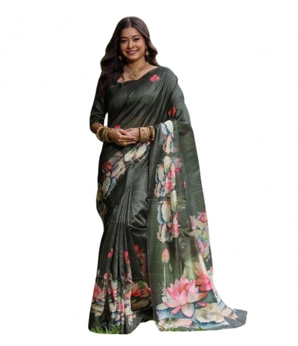 Women's Faux_Tussar Floral Saree With Unstitched Blouse 5.5Mtr (Olive) Women's Faux_Tussar Floral Saree With Unstitched Blouse 5.5Mtr (Olive)