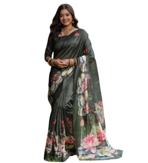 Women's Faux_Tussar Floral Saree With Unstitched Blouse 5.5Mtr (Olive)