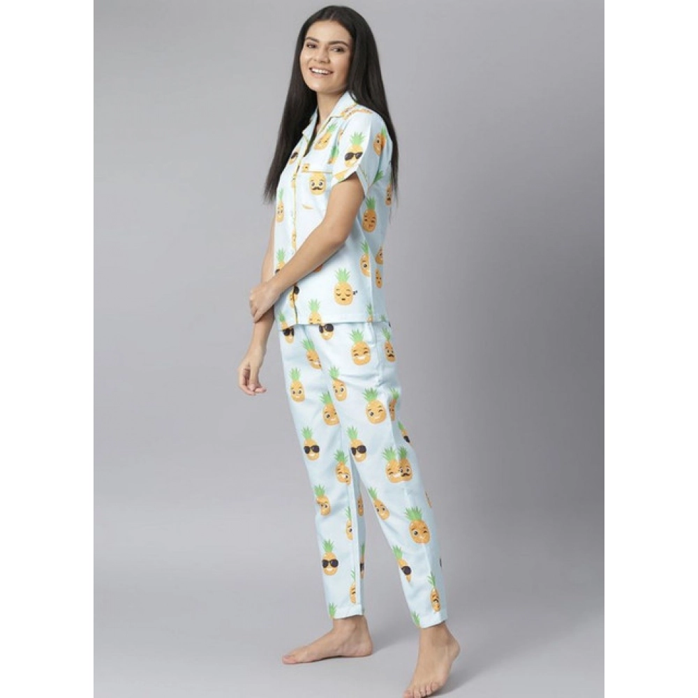 Women's Cotton Blend Printed Short Sleeve Night Suit (Blue-Yellow)