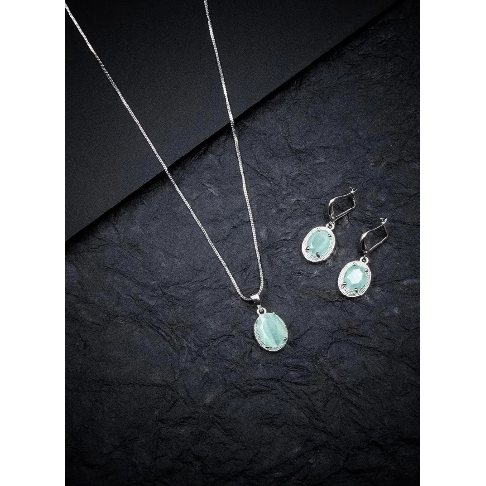 Women's Brass Silver Plated Pendant Set (Turquoise)