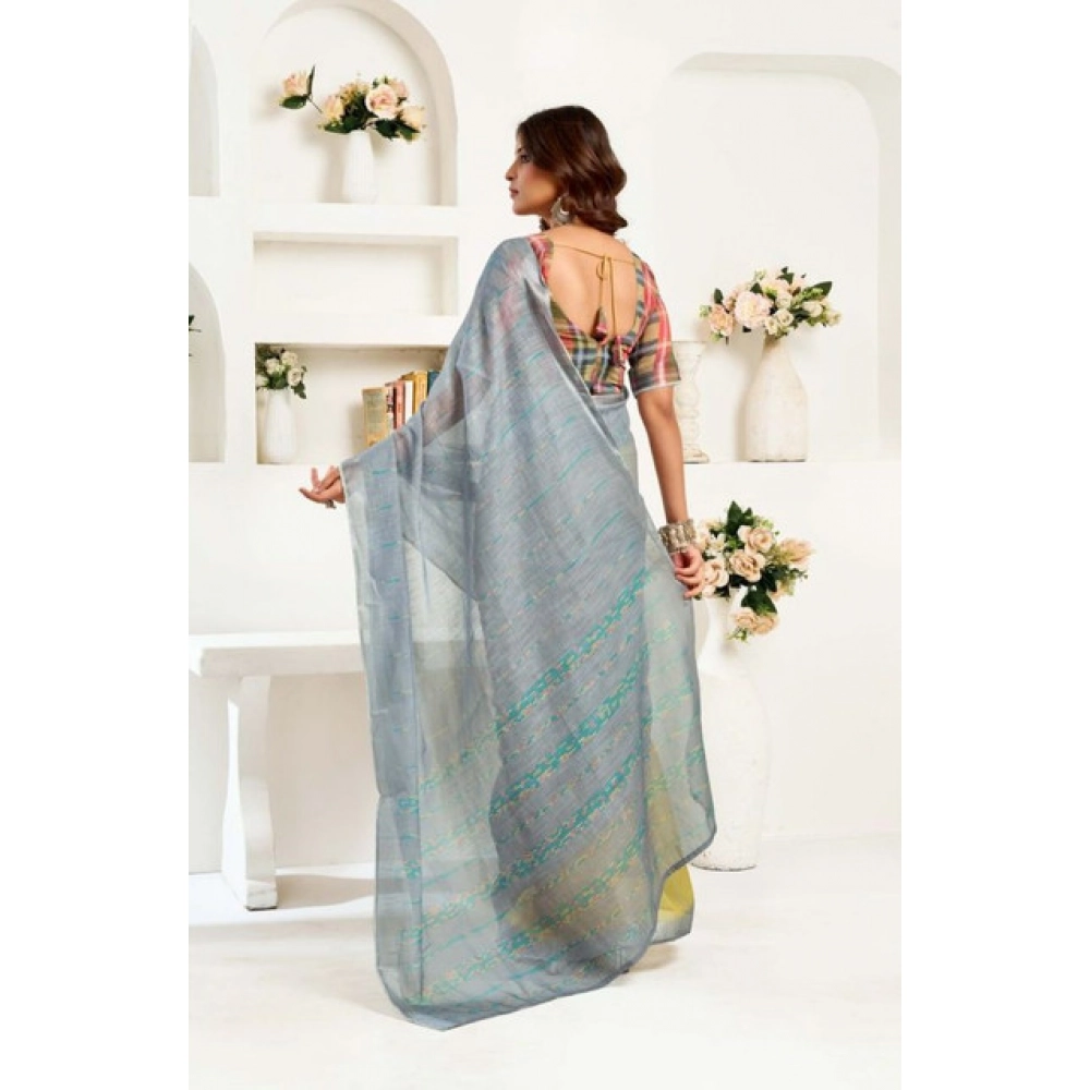 Women's Faux Linen Geometric Ready to wear Saree With Unstitched Blouse 5.5Mtr (Grey) Women's Faux Linen Geometric Ready to wear Saree With Unstitched Blouse 5.5Mtr (Grey)