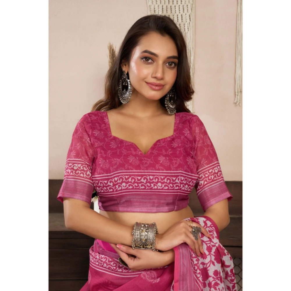Women's Linen Cotton Printed Ready To Wear Saree With Unstitched Blouse 5.5 Mtr (Pink)