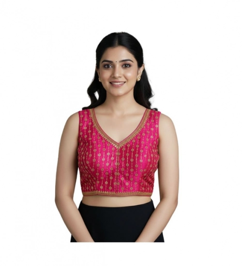 Women's Silk Blend Embroidered V-Neck Non Padded Blouse (Pink 38 Ready (Alterable up to 42)