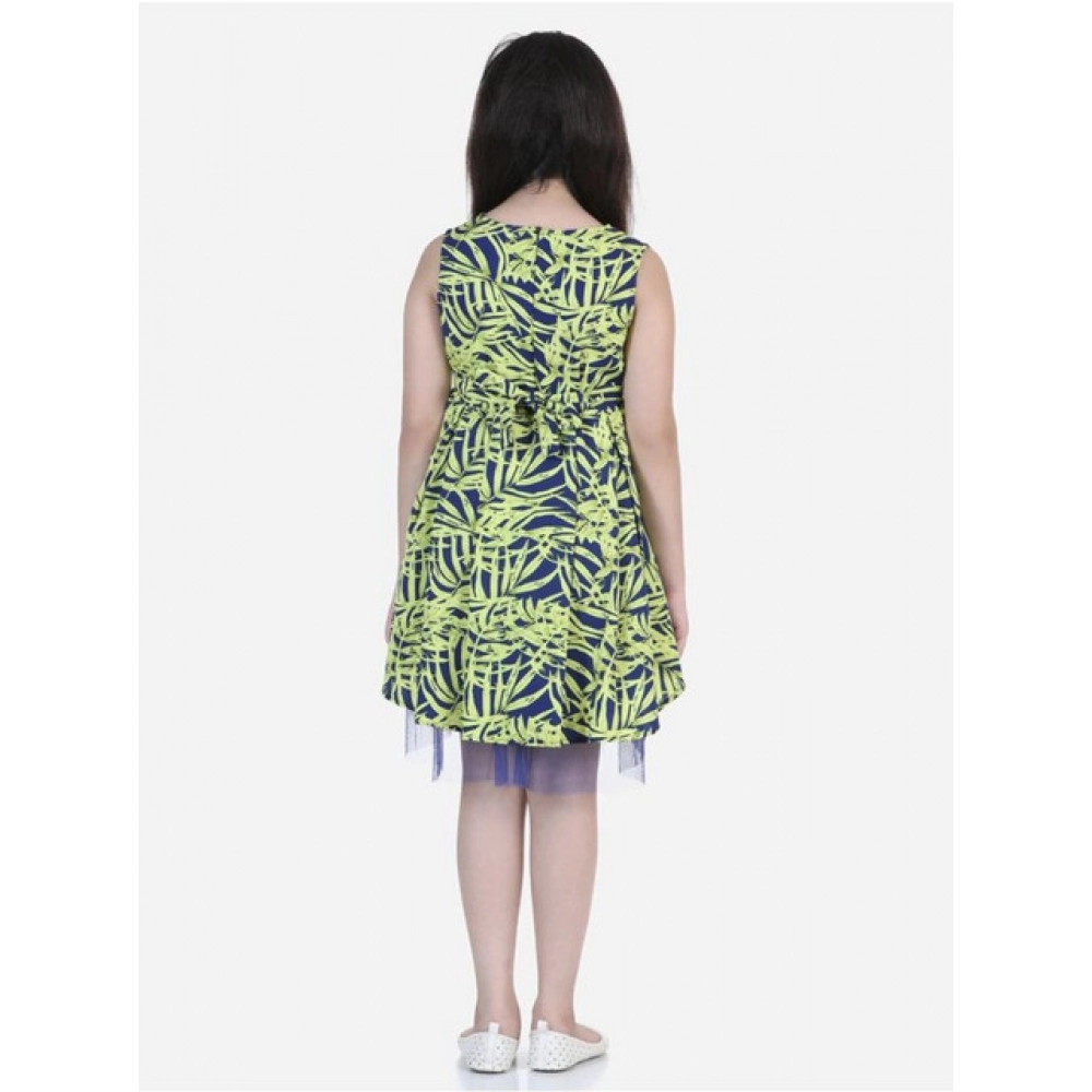 Girl's Polyester Crepe & Net Printed Sleeveless Dress (Yellow-Blue) Girl's Polyester Crepe & Net Printed Sleeveless Dress (Yellow-Blue)