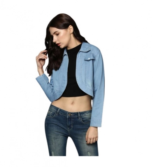 Women's Denim Solid 3-4th Sleeves Shrug (Blue)