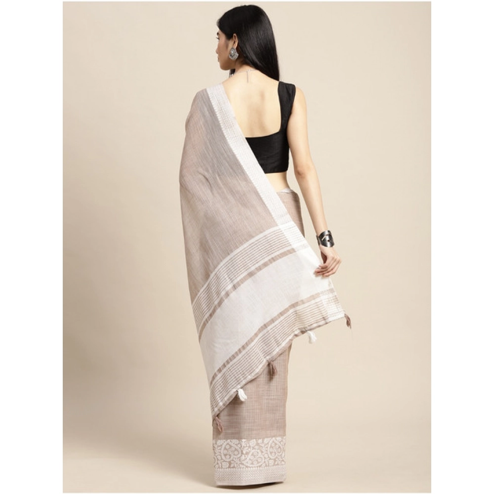 Women's Linen Printed Saree With Unstitched Blouse 5.5Mtr (Beige)