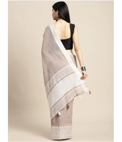 Women's Linen Printed Saree With Unstitched Blouse 5.5Mtr (Beige)