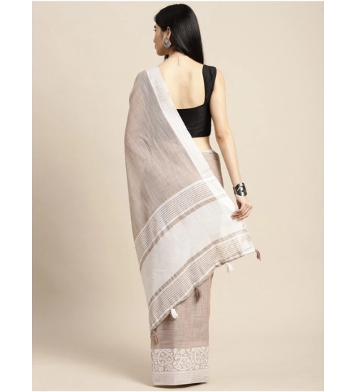 Women's Linen Printed Saree With Unstitched Blouse 5.5Mtr (Beige)