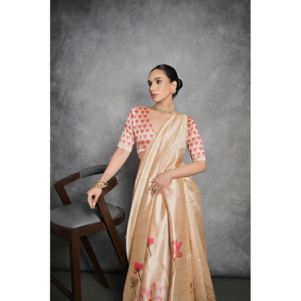 Women's Cotton Printed Saree With Unstitched Blouse 5.5 Mtr (Beige)