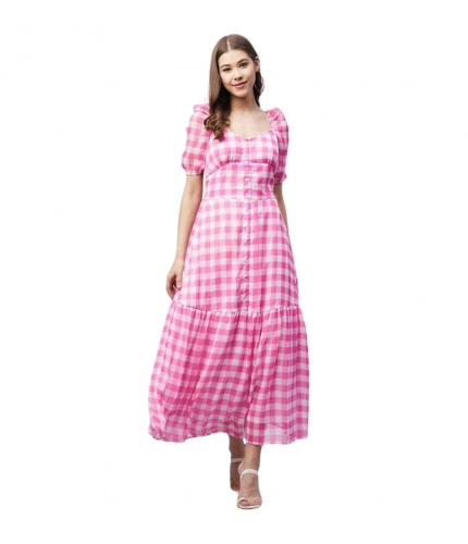 Women's Polyester Georgette Checkered Half Sleeve Dress (Pink)