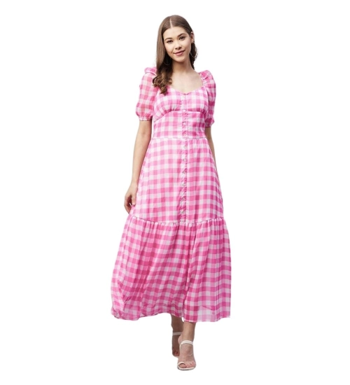 Women's Polyester Georgette Checkered Half Sleeve Dress (Pink)