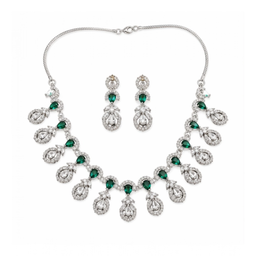 Women's Brass Silver Plated Necklace set (Green)