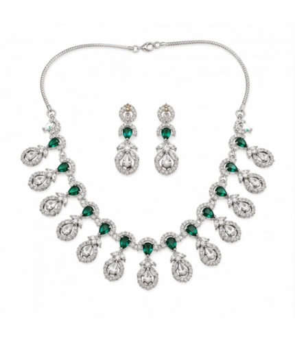 Women's Brass Silver Plated Necklace set (Green)