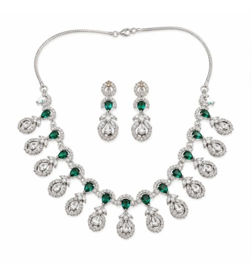 Women's Brass Silver Plated Necklace set (Green)
