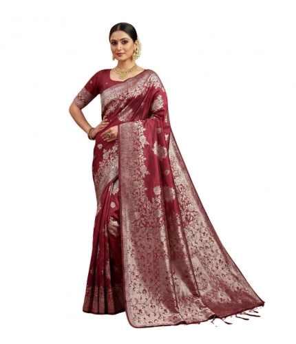Women's Silk Blend Printed Saree With Unstitched Blouse 5.5Mtr (Maroon)