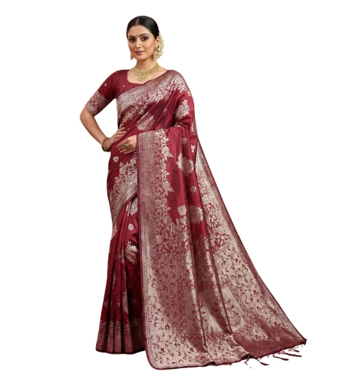 Women's Silk Blend Printed Saree With Unstitched Blouse 5.5Mtr (Maroon)