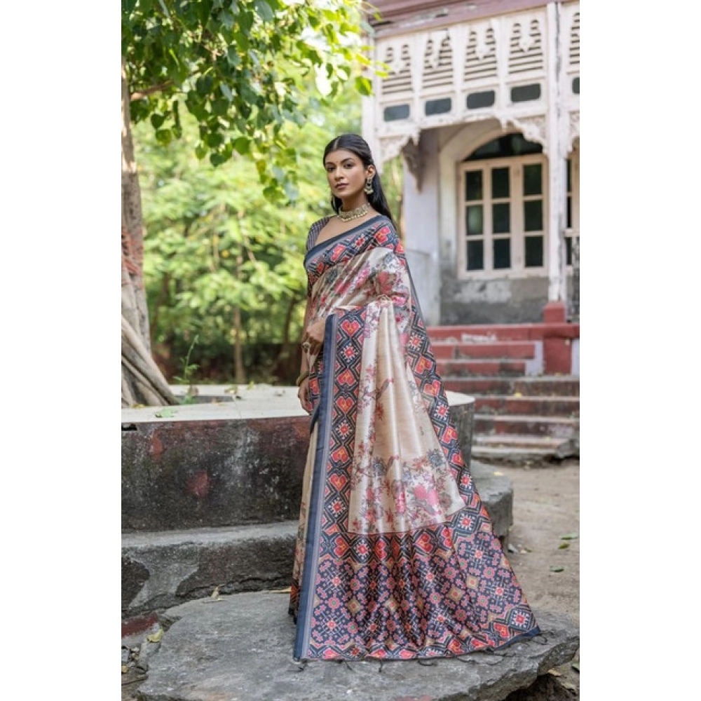 Women's Faux_Tussar Floral Jal With Patola Print Saree With Unstitched Blouse 5.5Mtr (Black) Women's Faux_Tussar Floral Jal With Patola Print Saree With Unstitched Blouse 5.5Mtr (Black)
