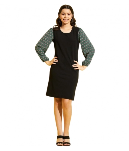 Girl's Polyester Lycra Printed Sleeveless Dress (Green-Black)