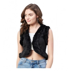Women's Denim And Fur Solid Sleeveless Shrug (Black)