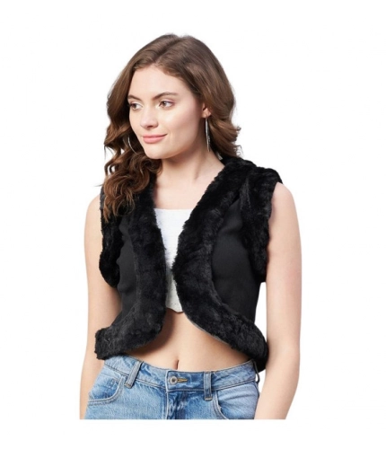 Women's Denim And Fur Solid Sleeveless Shrug (Black)