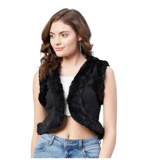 Women's Denim And Fur Solid Sleeveless Shrug (Black)