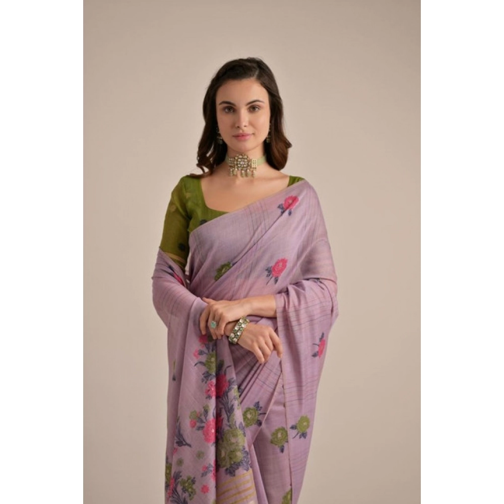 Women's Blended_Cotton Floral Motifs And Woven Buttas Saree With Unstitched Blouse 5.5Mtr (Lavender)