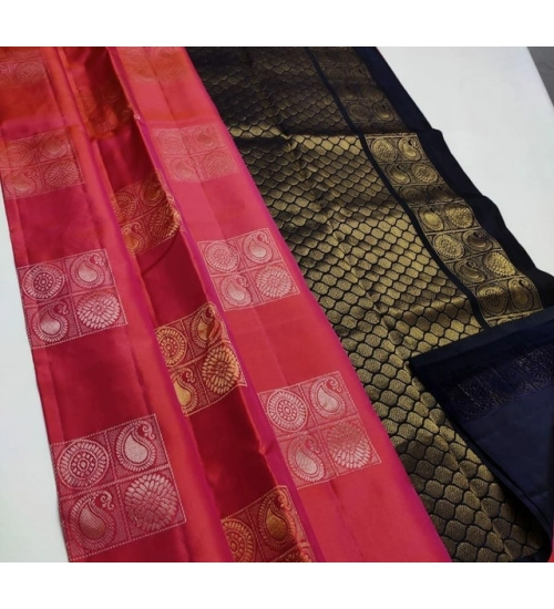 Women's Litchi silk Printed Saree With Unstitched Blouse (Red)