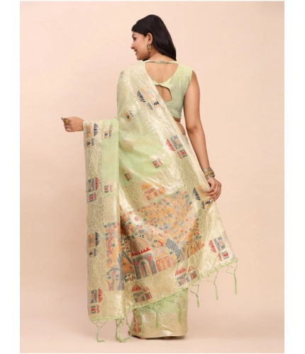 Women's Linen Cotton Printed Saree With Unstitched Blouse 5.5Mtr (Light Green)