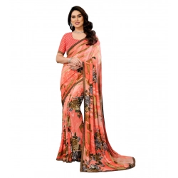 Women's Georgette Printed Saree With Unstitched Blouse 5.5Mtr (Orange)