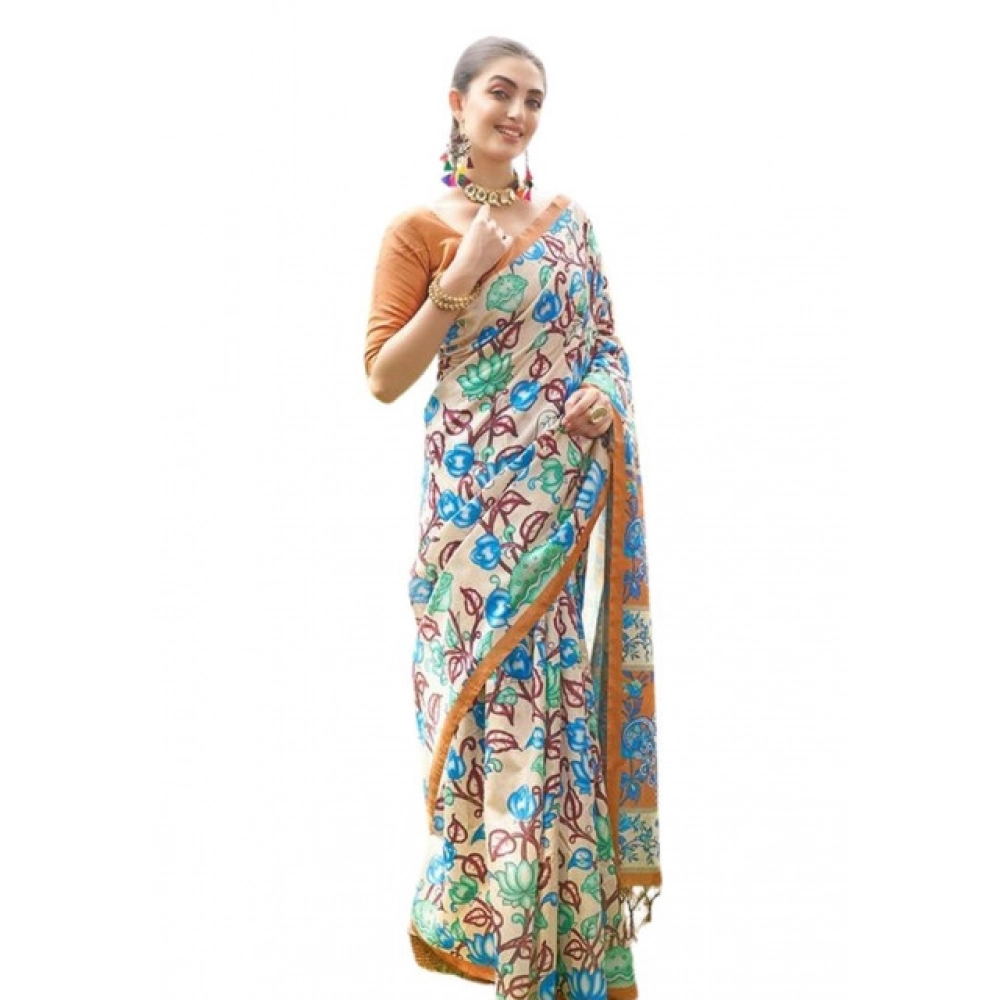 Women's Faux_Tussar Kalamkari_Print Saree With Unstitched Blouse 5.5Mtr (Brown) Women's Faux_Tussar Kalamkari_Print Saree With Unstitched Blouse 5.5Mtr (Brown)
