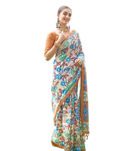 Women's Faux_Tussar Kalamkari_Print Saree With Unstitched Blouse 5.5Mtr (Brown) Women's Faux_Tussar Kalamkari_Print Saree With Unstitched Blouse 5.5Mtr (Brown)
