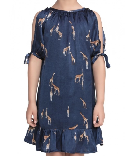 Girl's Satin Animal Print Sleeveless Dress (Blue)