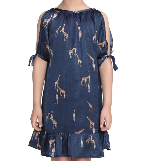 Girl's Satin Animal Print Sleeveless Dress (Blue)