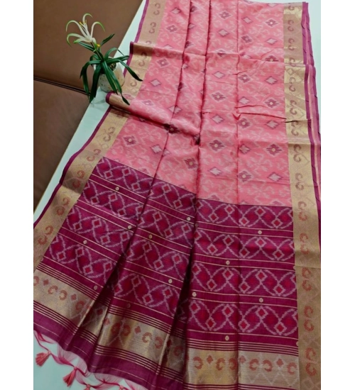 Women's Raw Silk Ikkat Saree With Unstitched Blouse 5.5Mtr (Pink)