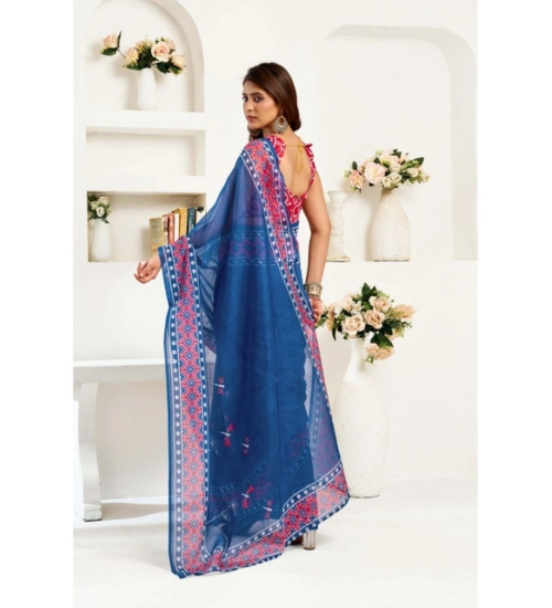 Women's Linen Cotton Printed Ready To Wear Saree With Unstitched Blouse 5.5 Mtr (Blue)